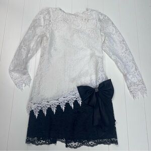 Vtg 80’s After Dark Black & White Glam Romantic Lace Mini Dress Bow Detail Sz 8